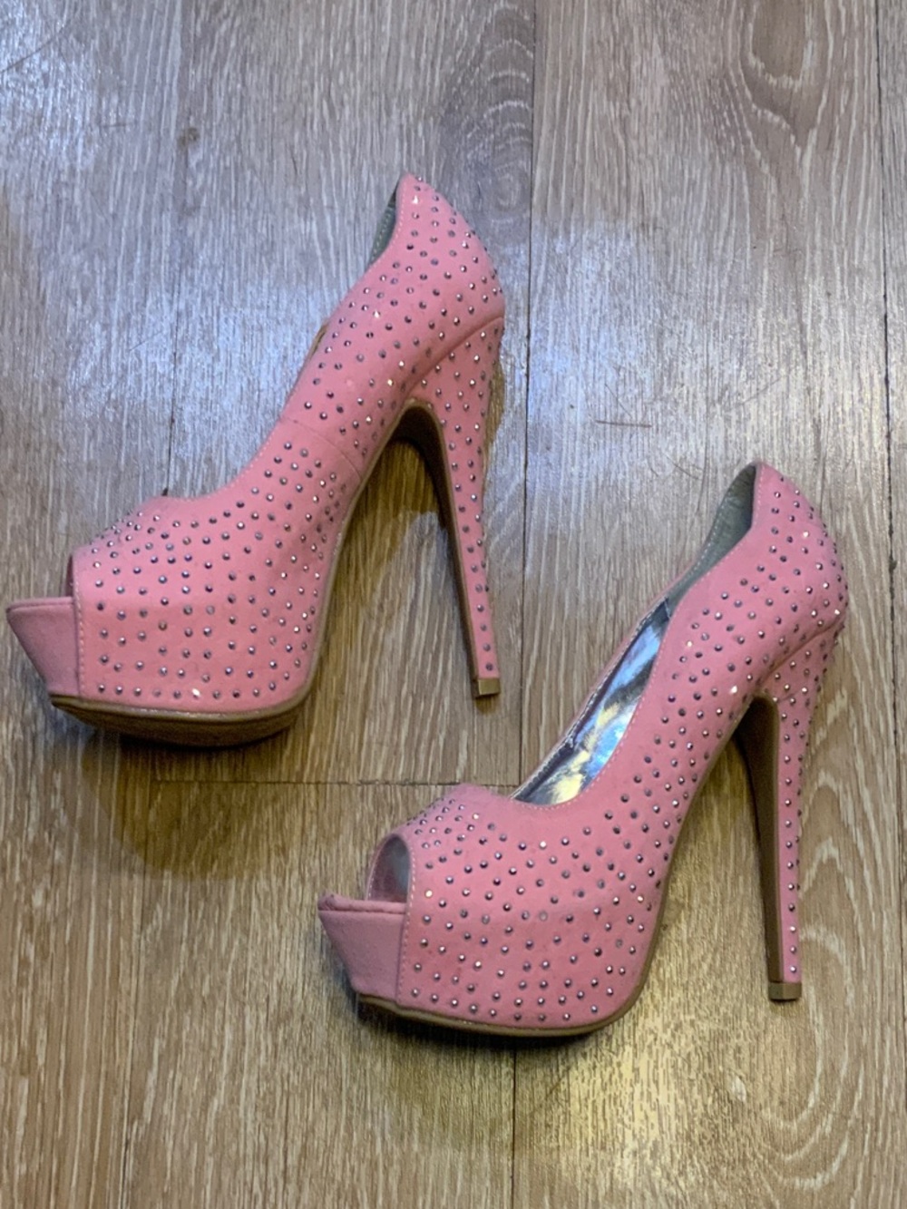Studded Pink Peep-Toe Stiletto Heels - Women's Dress Pumps